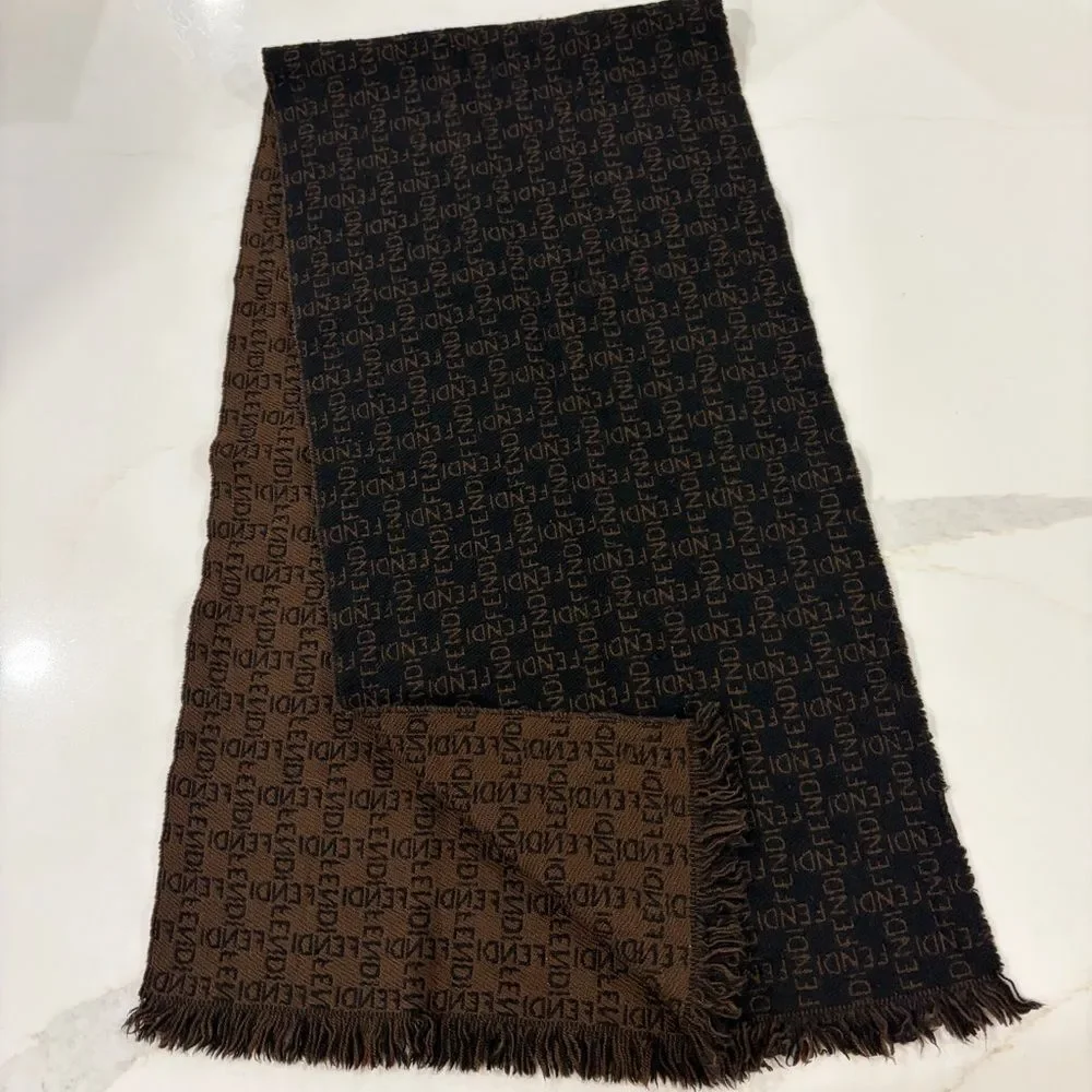 Fendi Zucca Monogram Vintage Wool Scarf - Reversible Dark Brown and Black